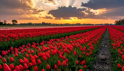 Vast field of red flowers beneath a dramatic sunset with sunbeams