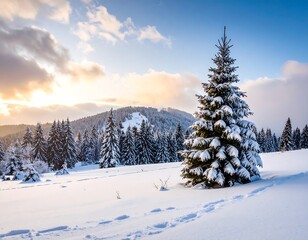 Snow-covered evergreen in a winter landscape at sunset