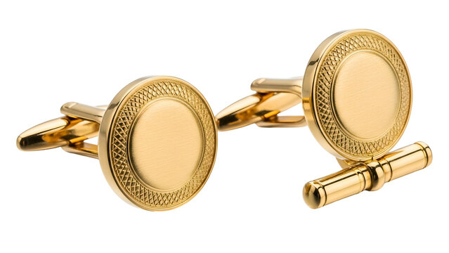 Gleaming gold cufflinks with a patterned edge on a black background