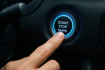 Close-up of a finger pressing car engine start stop button with blue LED light