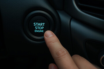 Close-up of a finger pressing car engine start stop button with blue LED light