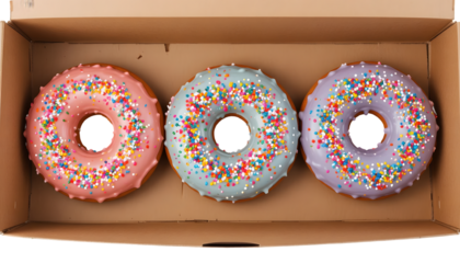 Three colorful donuts with sprinkles in a cardboard box delicious treats for dessert or a sweet snack perfect for bakeries and food blogs