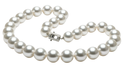 String of lustrous white pearls with clasp on neutral background