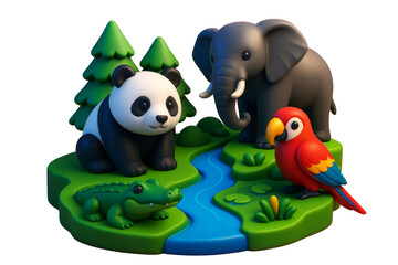 Obraz premium Cartoon panda, elephant, parrot, and crocodile in a forest layout with trees and river, clean and colorful style on white background. Ai generative