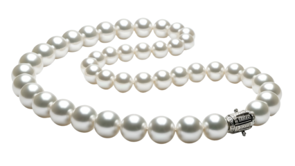 Elegant necklace of lustrous white pearls on dark background