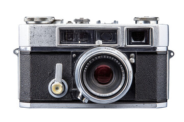 Front view of a vintage 35mm single-lens reflex camera.  Chrome and black body, lens with red filter.  Signs of age and use
