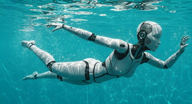 Close-up of a humanoid robot swimming gracefully underwater in a bright blue swimming pool. Realistic AI Concept.