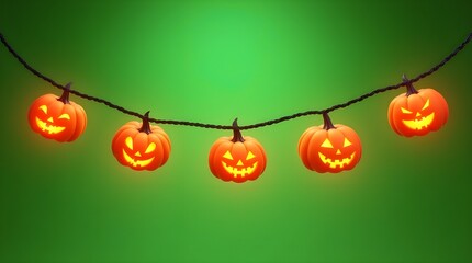 Halloween pumpkin garland decoration with smiling jack o lantern faces hanging on green screen background