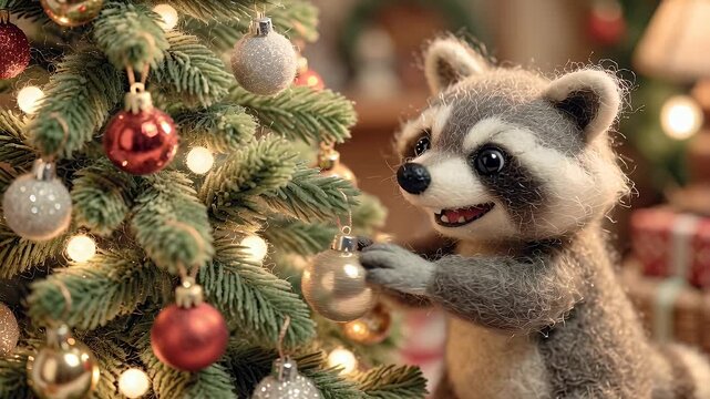 Animated raccoon decorating festive christmas tree with ornaments and decorations