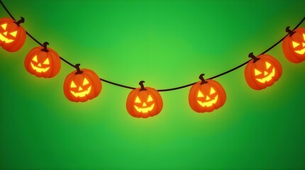 Halloween pumpkin garland decoration with smiling jack o lantern faces hanging on green screen background
