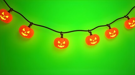 Halloween pumpkin garland decoration with smiling jack o lantern faces hanging on green screen background