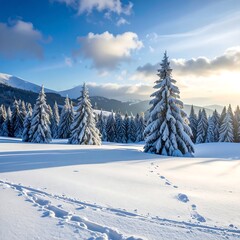 Snow-covered evergreen trees stand in a pristine snowy landscape, bathed in the warm glow of the setting sun, casting long shadows across the untouched snow