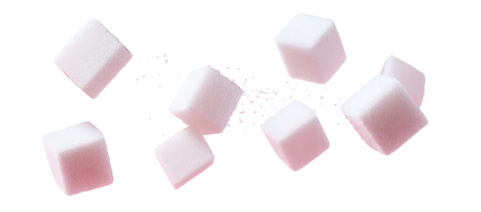 Pink square candies in mid-air, light and airy
