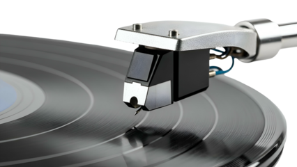 Close-up of a record player needle on vinyl record