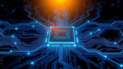 A stunning illustration of a modern microchip with intricate blue circuit patterns, symbolizing technological advancement, computer science, and digital innovation. Great for backgrounds and graphics.