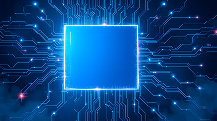 Abstract glowing illustration of a futuristic microchip with circuit board pattern. The image represents modern technology, artificial intelligence, and computing processes. Can be used as background.