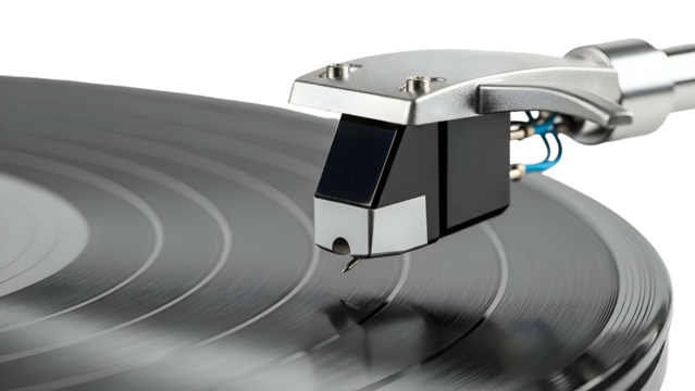 Turntable stylus resting on a spinning vinyl record