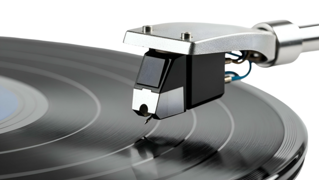 Close-up of a record player needle on vinyl record