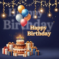 Birthday Celebration with Cake, Balloons, and Gifts under Festive Lights.