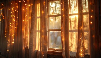 Window Illuminated by Golden Light with Sheer Curtains and Decorative Lights Creates a Warm and Inviting Ambience