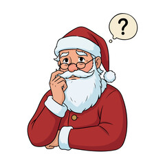 Confused Santa Claus cartoon character thinking with a question mark.