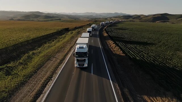 An aerial shot of multiple large transport trucks driving on a highway through a rural landscape