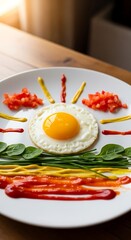 Creative Breakfast Plate - Sunny-Side Up Egg with Colorful Garnishes.