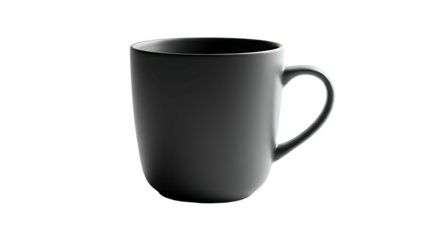 Matte black ceramic mug with rounded edges, handle facing right