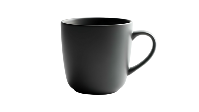 Matte black ceramic mug with rounded edges, handle facing right