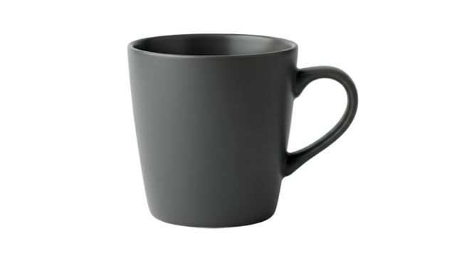 Matte gray mug with smooth, curved handle on a dark background
