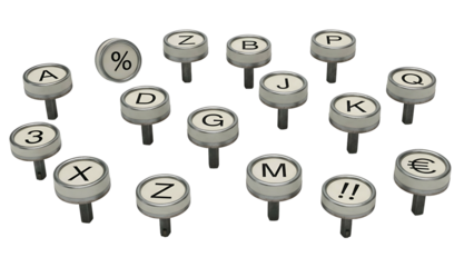Scattered typewriter keys on a black backdrop