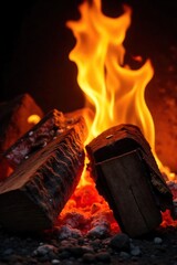 Vibrant Orange and Yellow Fireplace Flames A Close-up of Crackling Embers, Perfect for Warmth, Comfort, and Holiday Themes