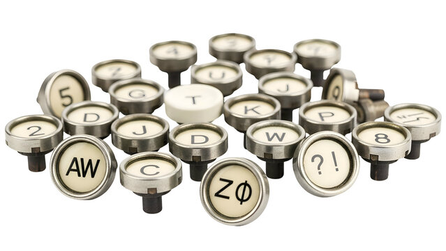 Scattered typewriter keys show aged metal and engraved letters