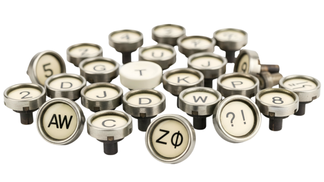 Scattered typewriter keys show aged metal and engraved letters