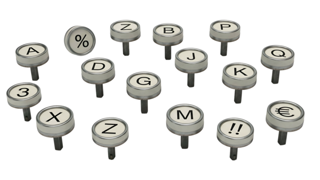 Scattered typewriter keys on a black backdrop