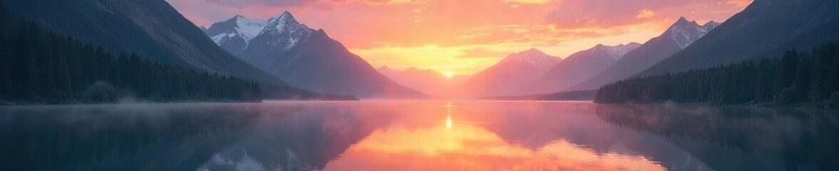 Breathtaking Canadian Sunrise Majestic Sunlight Paints Misty Mountains and Tranquil Lake in Soft Warm Hues