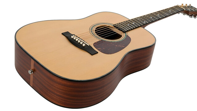 Acoustic guitar angled view, light wood top, dark wood sides - Powered by Adobe