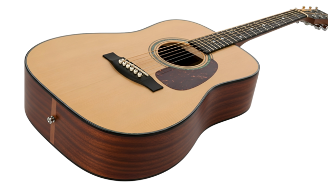 Acoustic guitar angled view, light wood top, dark wood sides