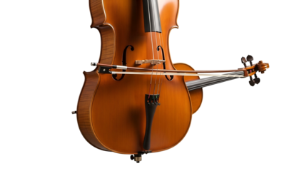 Upright cello, f-holes, strings, and bow against black