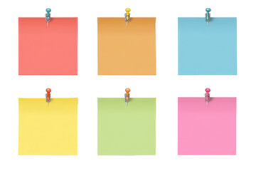 Six colorful sticky notes, each with a pushpin