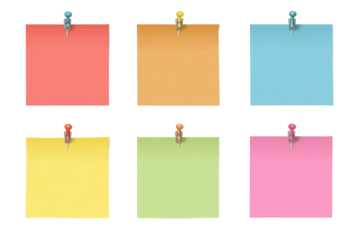 Six colorful sticky notes, each with a pushpin