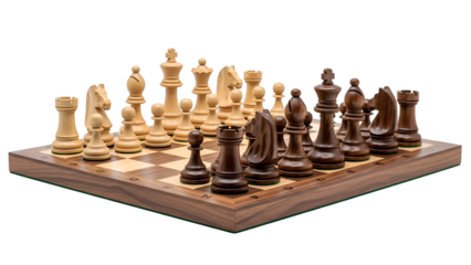 Classic chess set on wooden board, game beginning