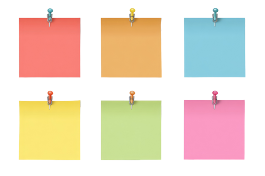 Six colorful sticky notes, each with a pushpin