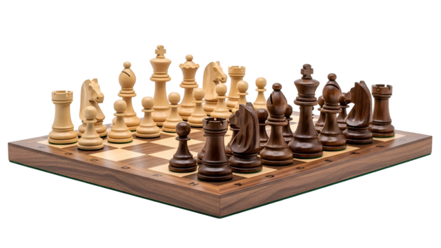 Classic chess set on wooden board, game beginning
