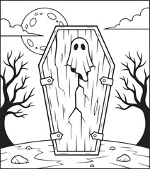 Spooky Halloween black and white coloring pages for adults.