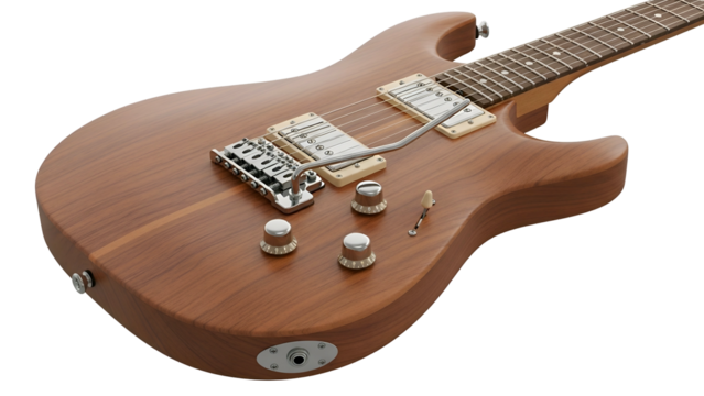 Wooden electric guitar with chrome hardware on a dark background