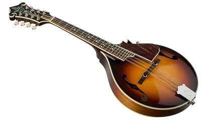 Detailed view of a sunburst, eight-stringed mandolin on black