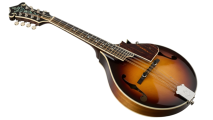 Detailed view of a sunburst, eight-stringed mandolin on black