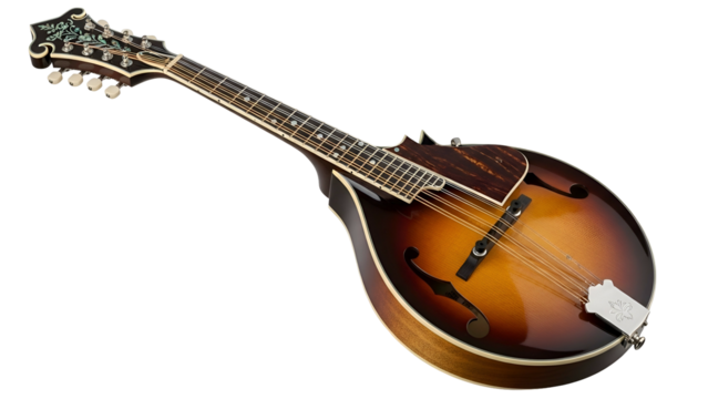 Detailed view of a sunburst, eight-stringed mandolin on black