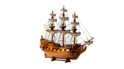 Detailed wooden model ship with billowing sails